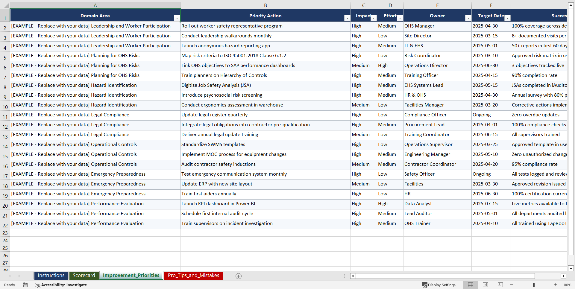 ISO 45001 Occupational Health and Safety Playbook (Excel template (XLSX)) Preview Image