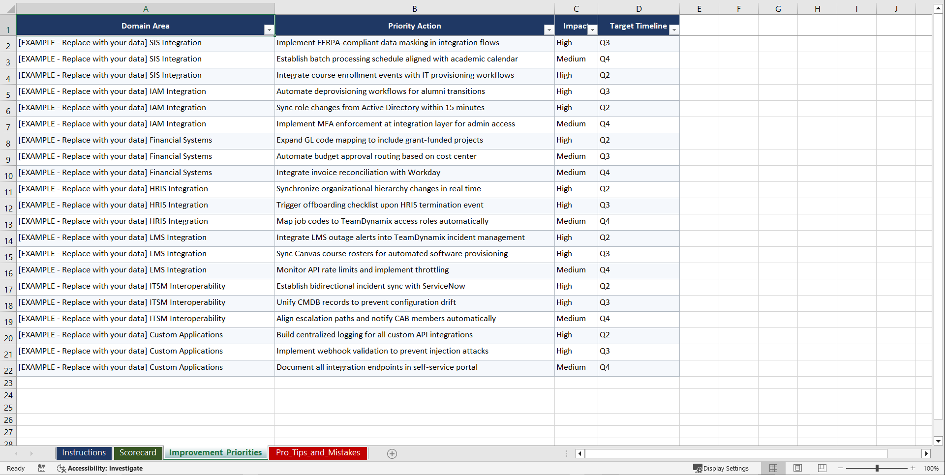 TeamDynamix Work ISO 9001/14001/45001 iPaaS Integration Playbook (Excel template (XLSX)) Preview Image