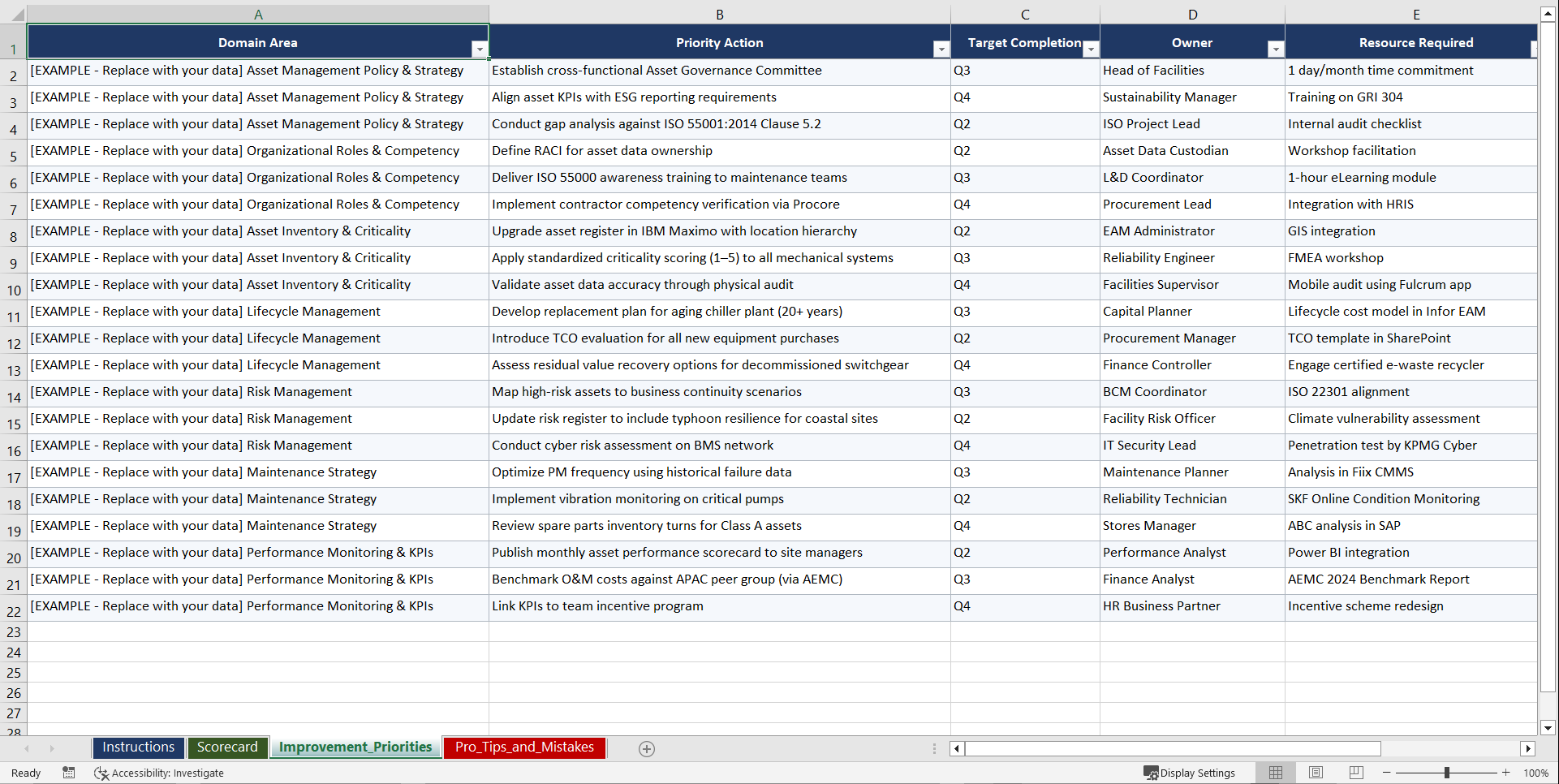 ISO 55000 Asset TeamDynamix for APAC Facility Operators Playbook (Excel template (XLSX)) Preview Image
