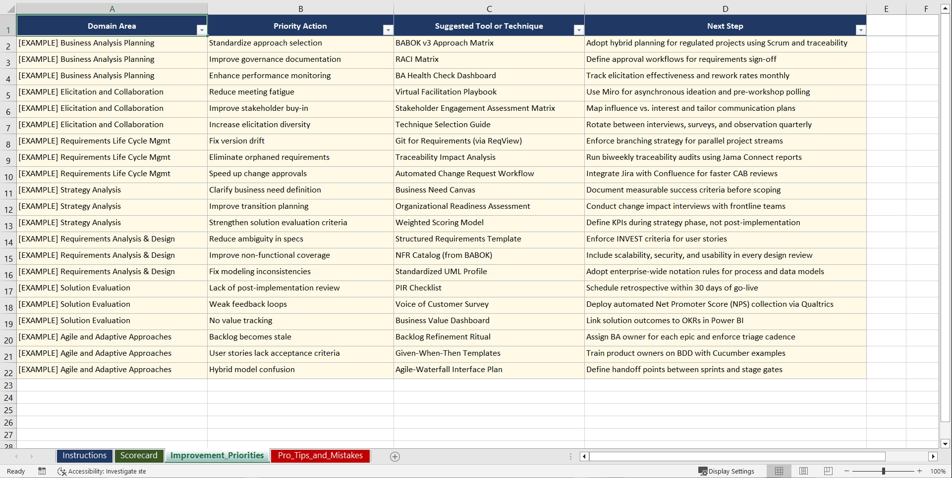 CBAP Business Analysis Certification Prep Playbook (Excel template (XLSX)) Preview Image