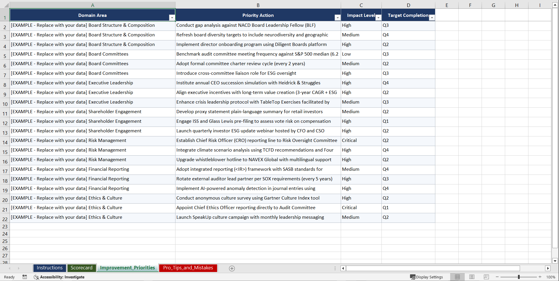 Corporate Governance Best Practices Playbook (Excel template (XLSX)) Preview Image