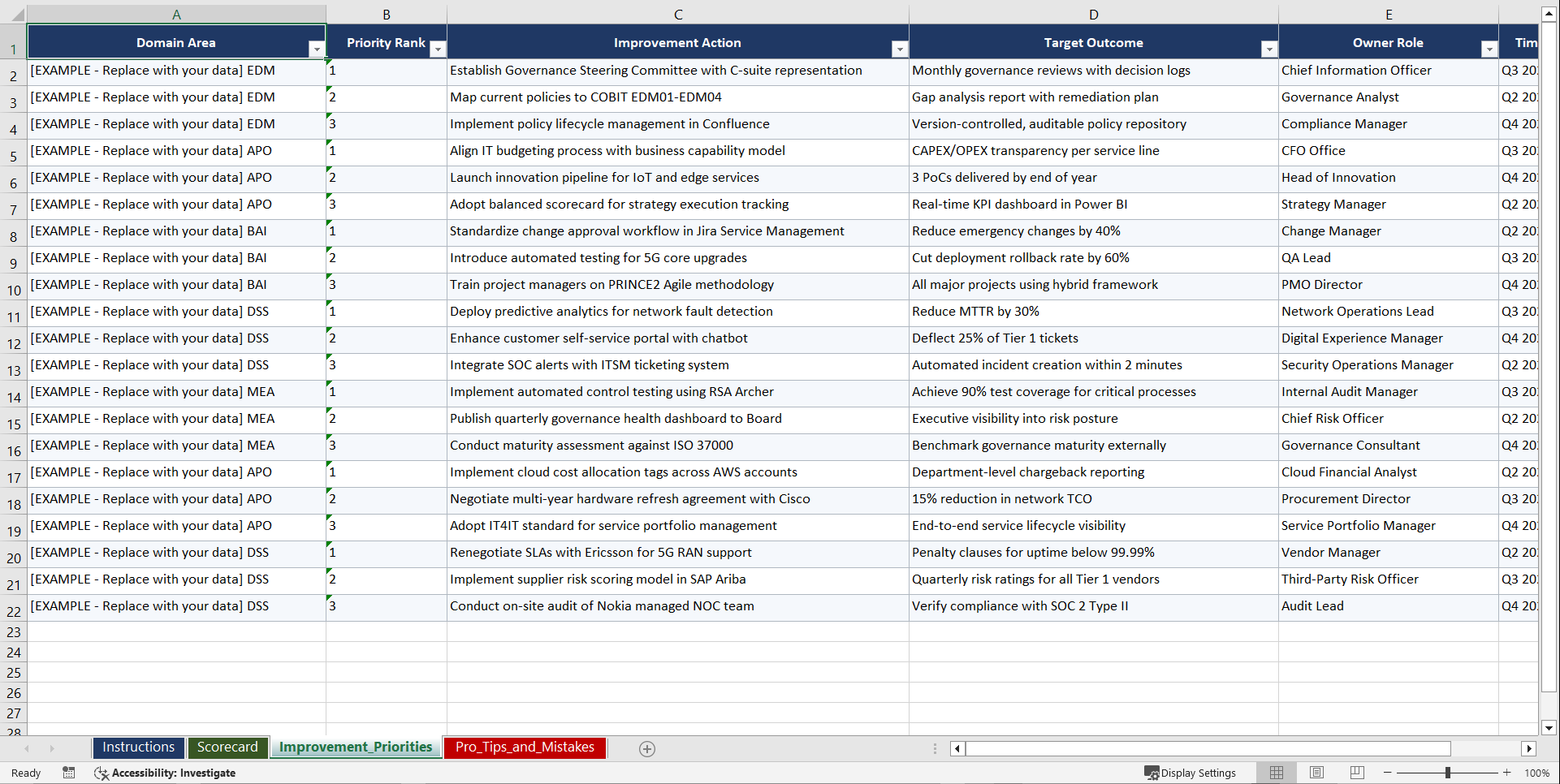 COBIT 2019 Governance for Telecommunications Playbook (Excel template (XLSX)) Preview Image