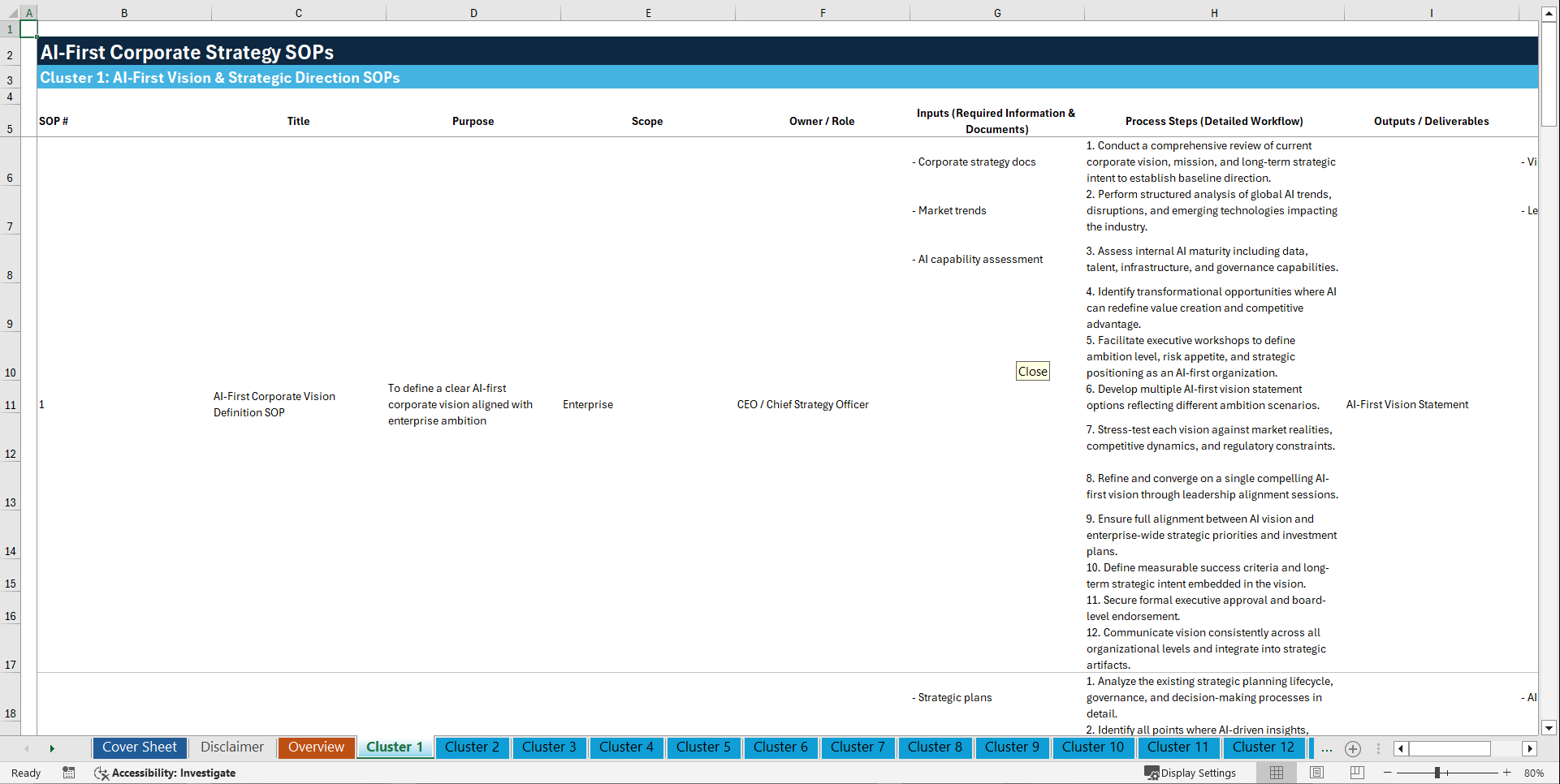 100+ AI-First Corporate Strategy SOPs (Excel template (XLSX)) Preview Image