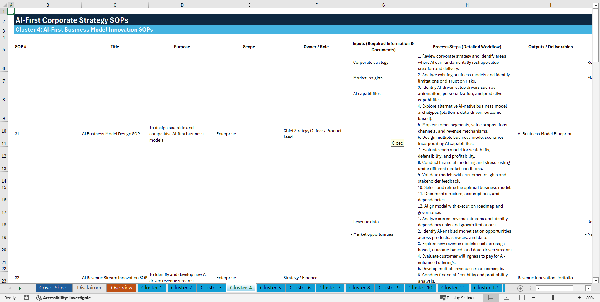 100+ AI-First Corporate Strategy SOPs (Excel template (XLSX)) Preview Image