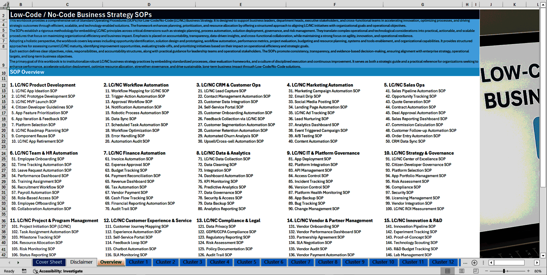 100+ Low-Code / No-Code Business Strategy SOPs (Excel template (XLSX)) Preview Image