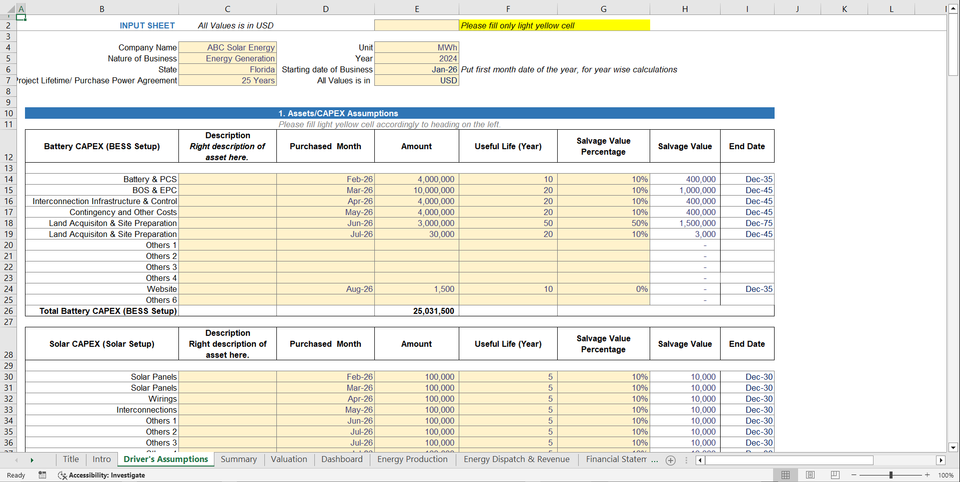 Solar PV + BESS Financial Projection Model Template (Excel template (XLSX)) Preview Image