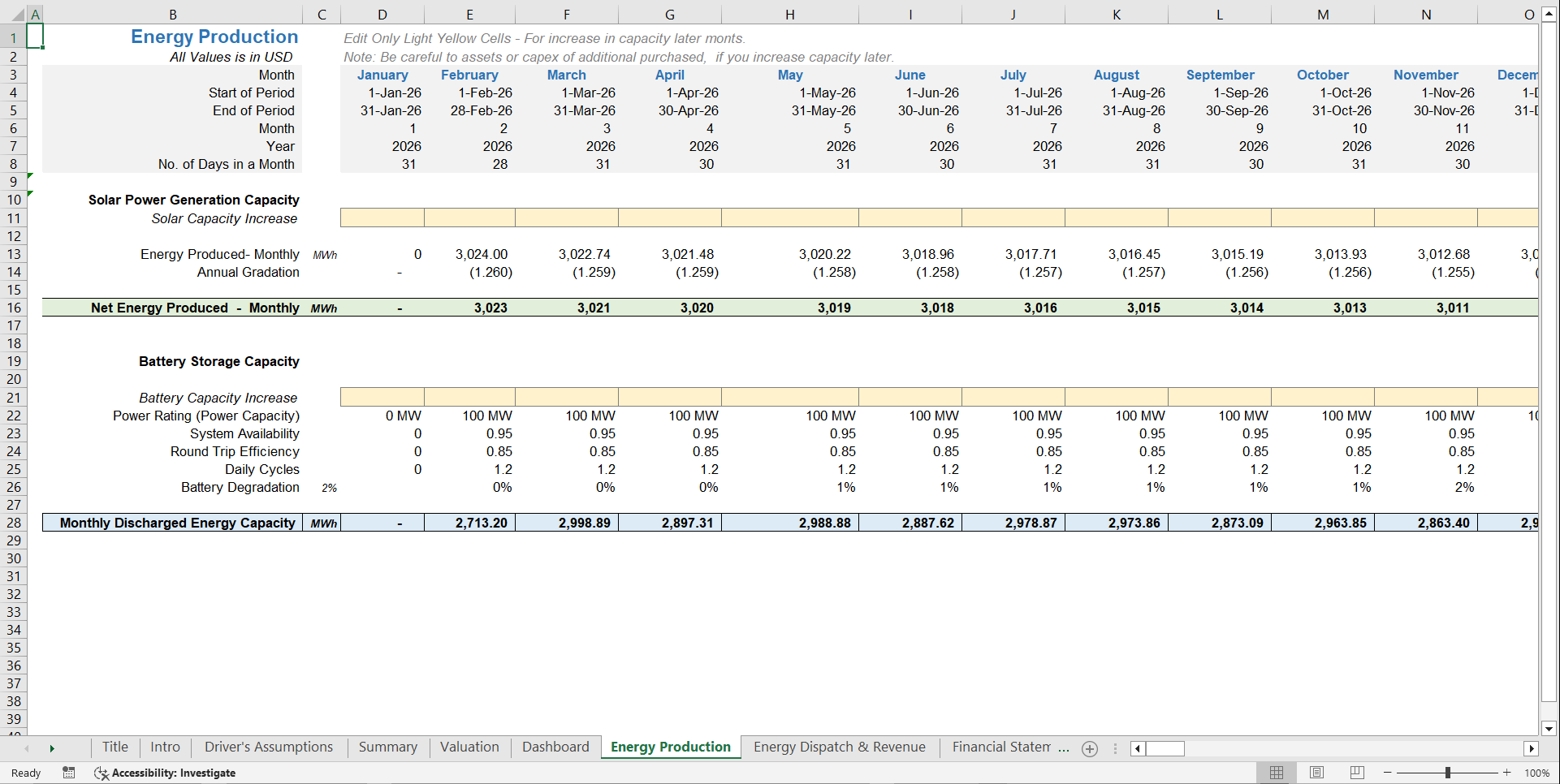 Solar PV + BESS Financial Projection Model Template (Excel template (XLSX)) Preview Image