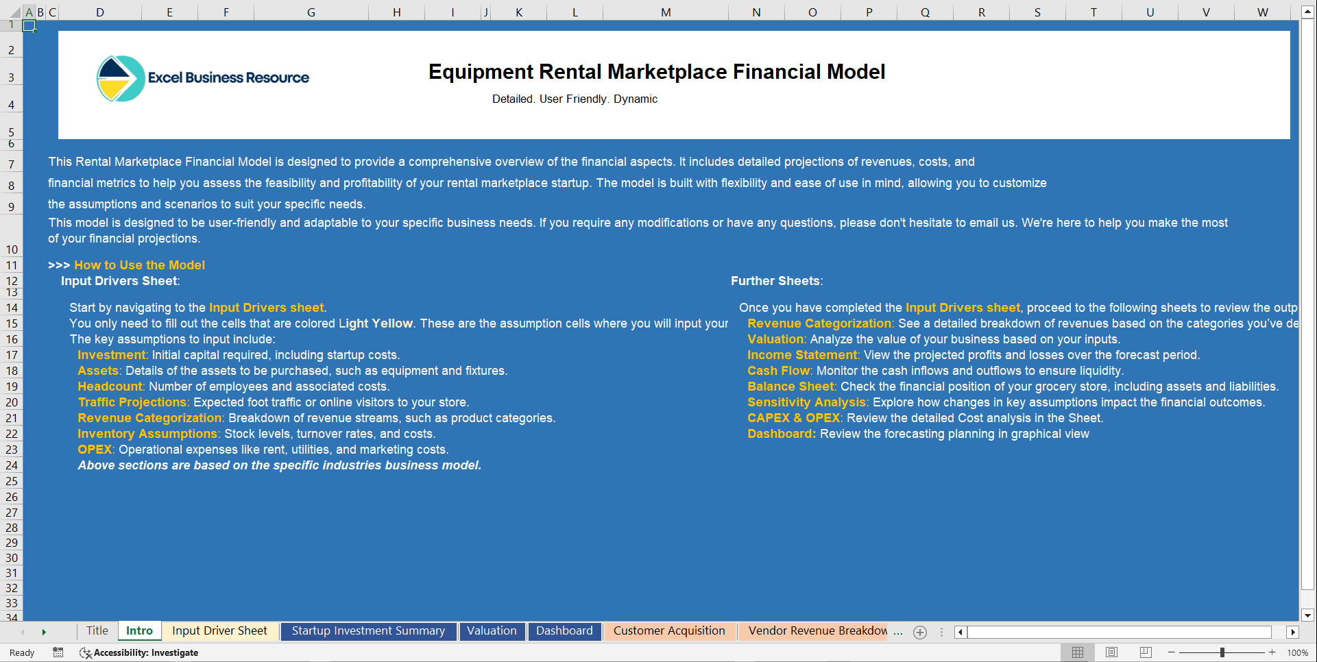 Equipment Rental Marketplace Financial Projection Model (Excel template (XLSX)) Preview Image