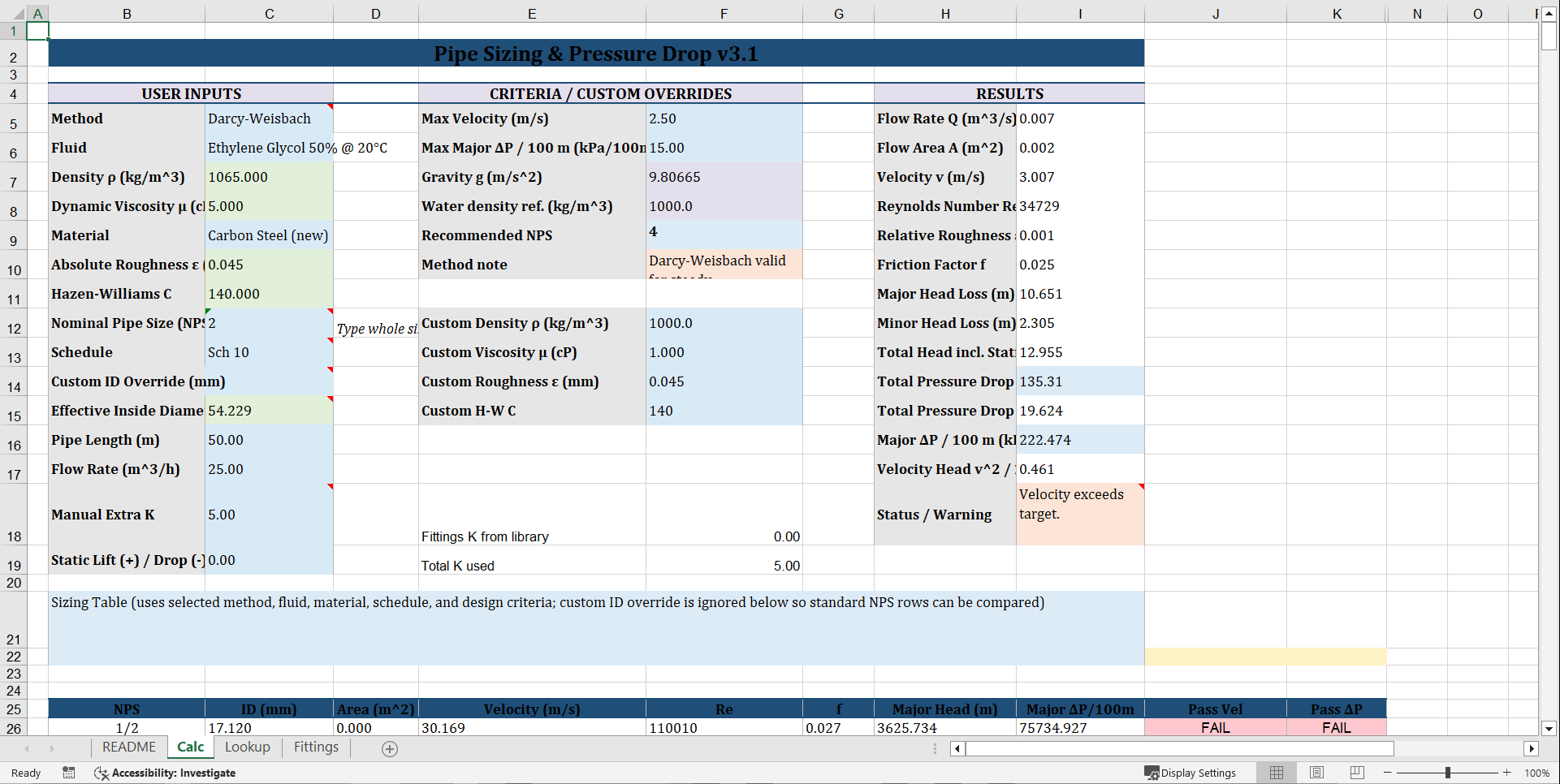 Pipe Sizing & Pressure Drop Toolkit - Darcy-Weisbach (Excel template (XLSX)) Preview Image