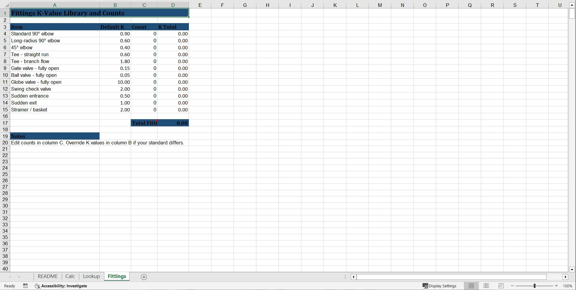 Pipe Sizing & Pressure Drop Toolkit - Darcy-Weisbach (Excel template (XLSX)) Preview Image