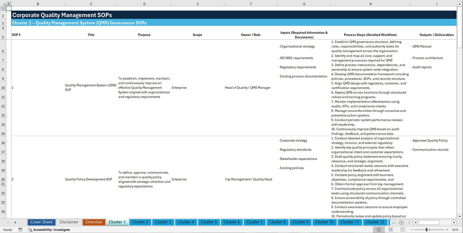 100+ Corporate Quality Management SOPs (Excel template (XLSX)) Preview Image