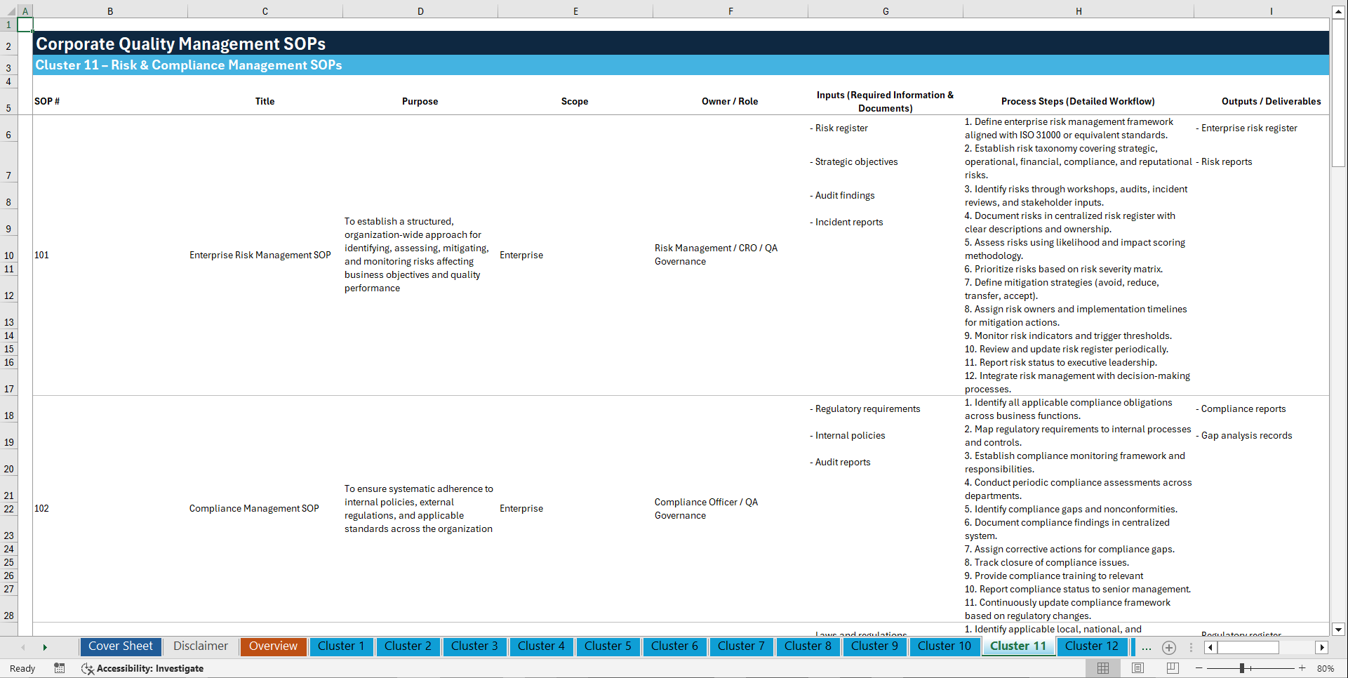 100+ Corporate Quality Management SOPs (Excel template (XLSX)) Preview Image