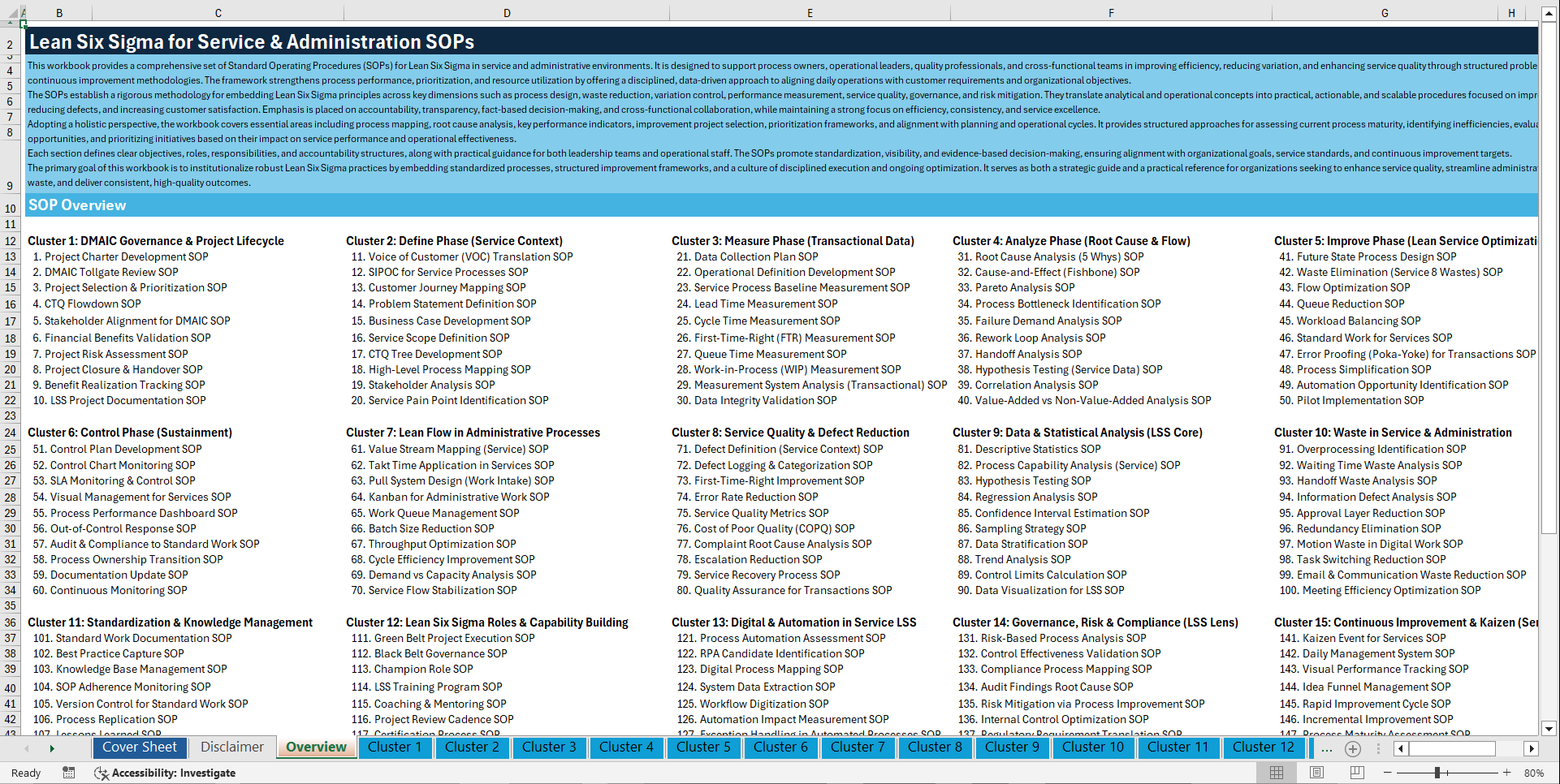 100+ Lean Six Sigma for Service & Administration SOPs (Excel template (XLSX)) Preview Image
