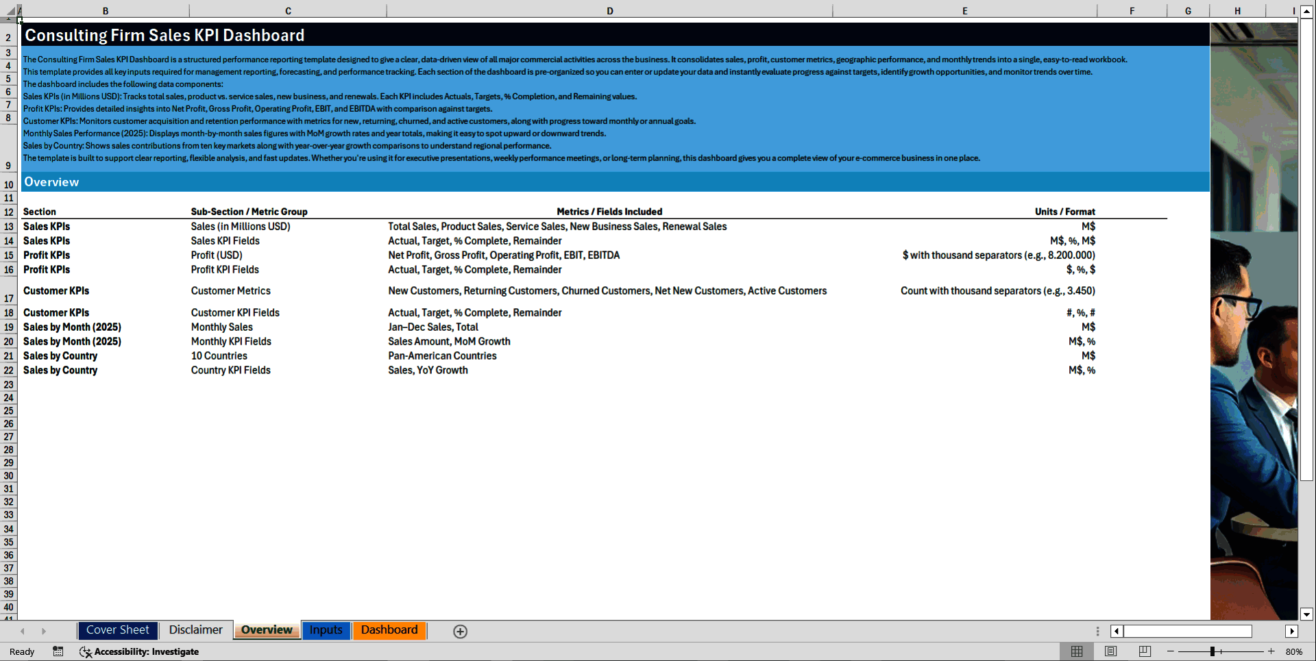 Consulting Firm Sales KPI Dashboard (Excel template (XLSX)) Preview Image