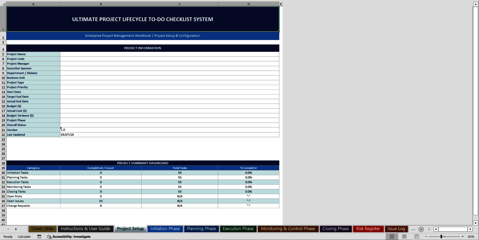 Ultimate Project Lifecycle To-Do Checklist System (Excel template (XLSX)) Preview Image