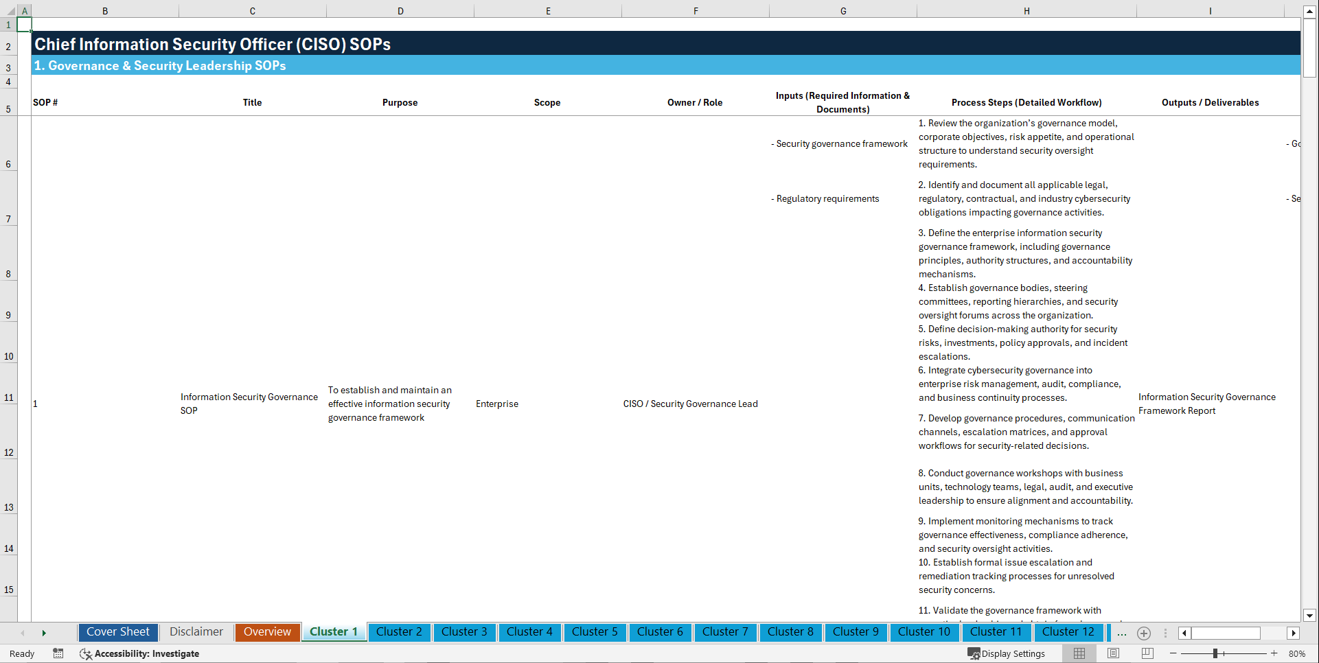 100+ Chief Information Security Officer (CISO) SOPs (Excel template (XLSX)) Preview Image