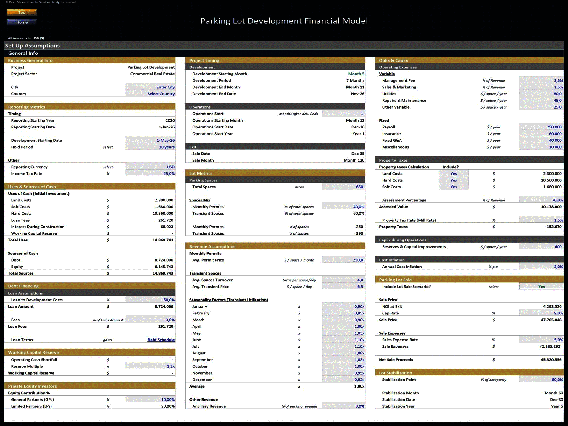 Parking Lot Development – 10 Year Financial Model (Excel template (XLSX)) Preview Image