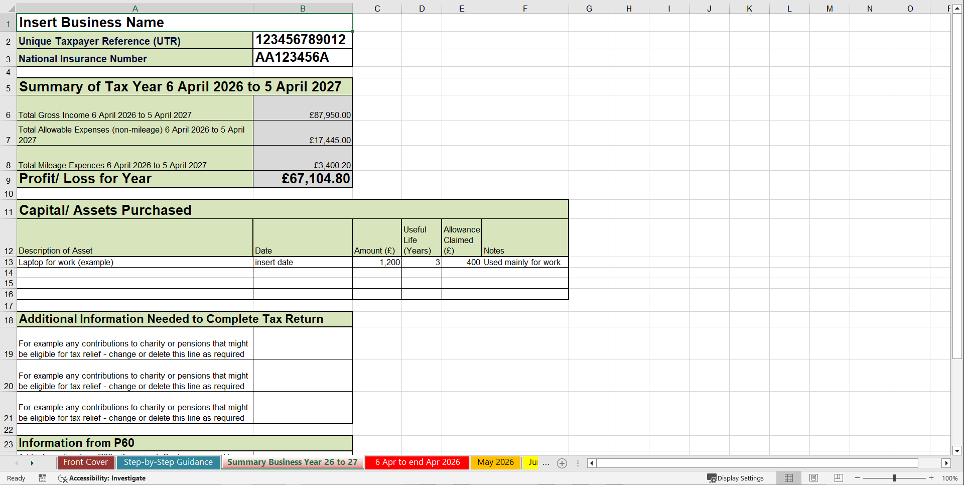2026 - 2027 UK Self-assessment Tax Return Template & Example (Excel template (XLSX)) Preview Image