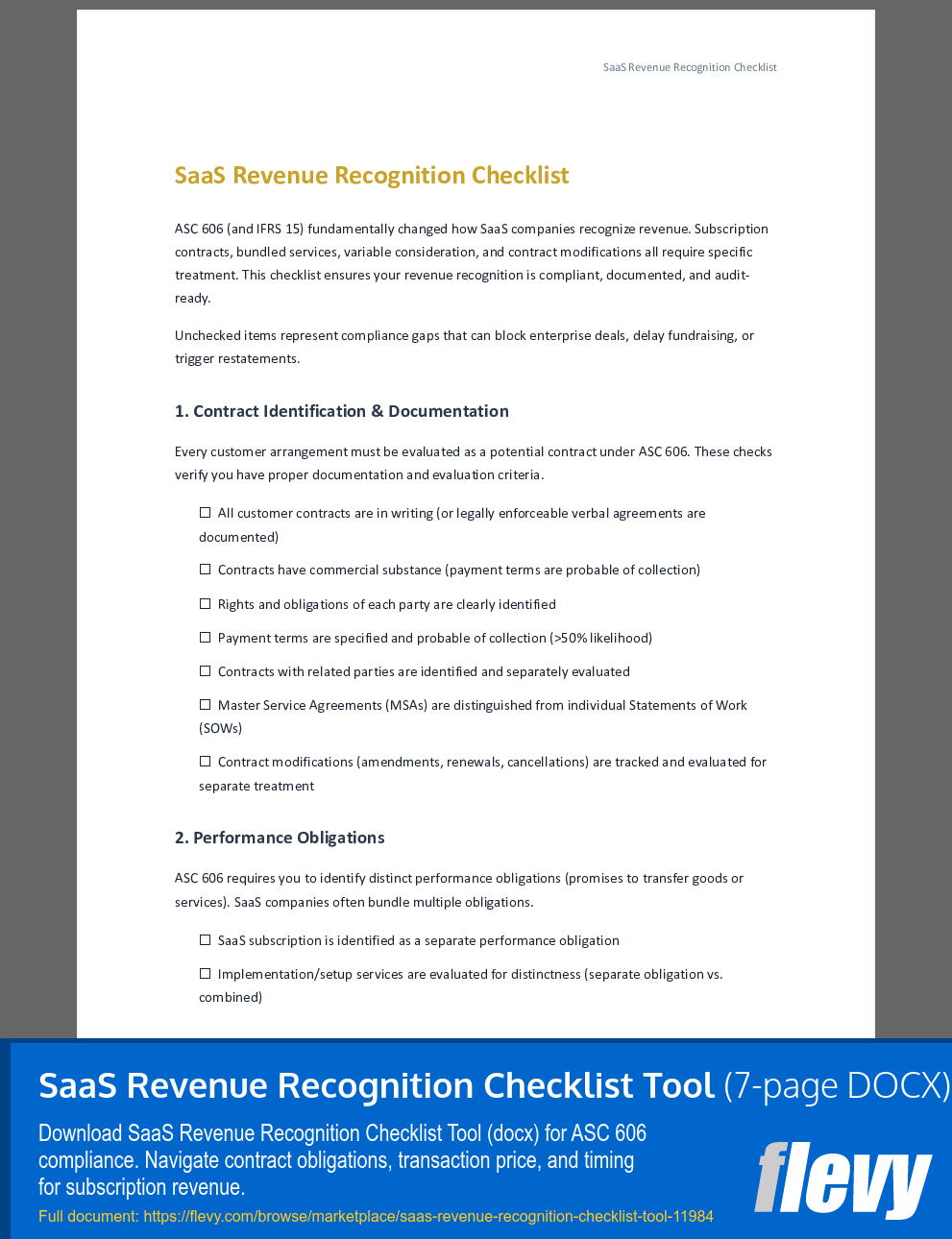 SaaS Revenue Recognition Checklist Tool (7-page Word document) Preview Image