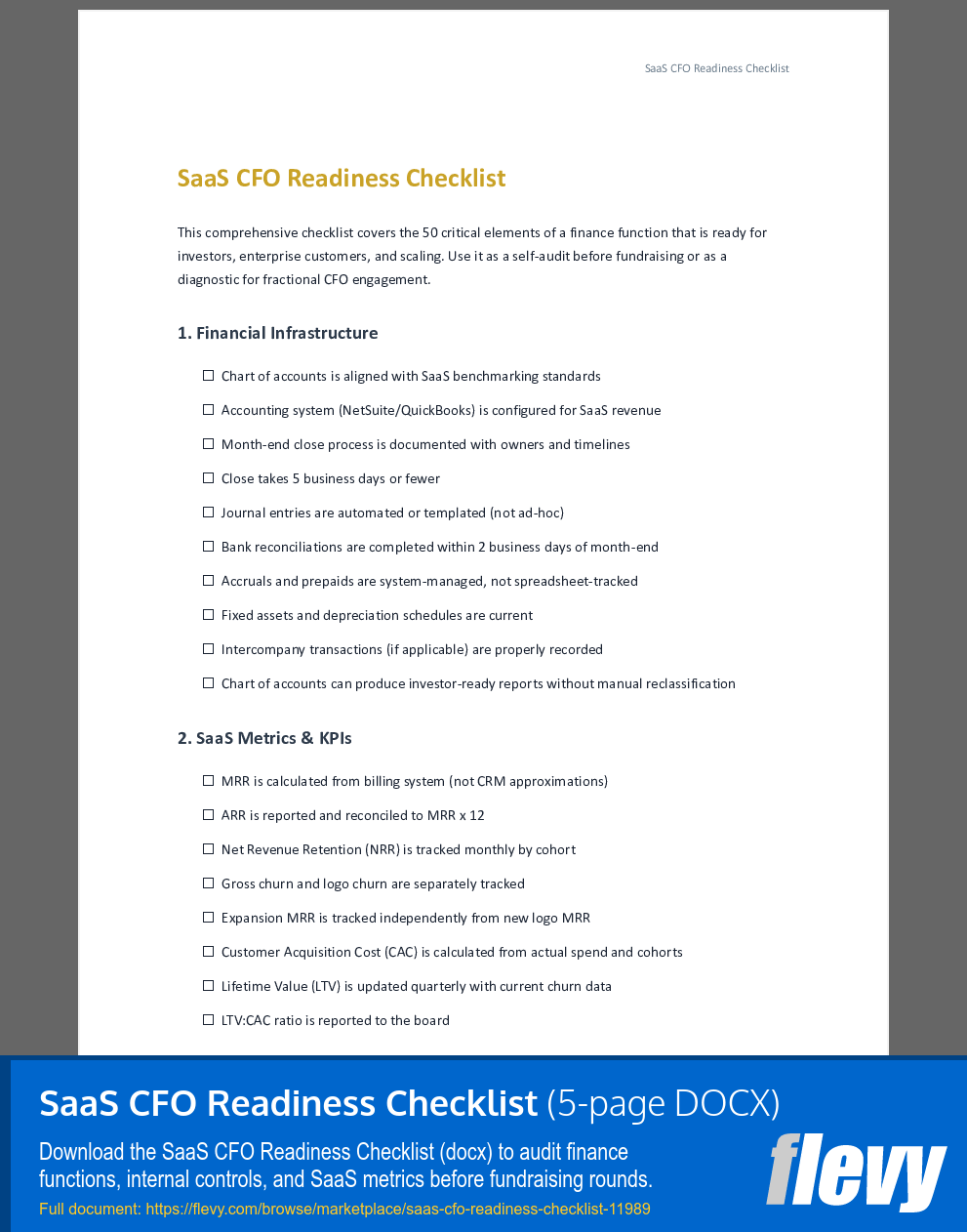 SaaS CFO Readiness Checklist (5-page Word document) Preview Image