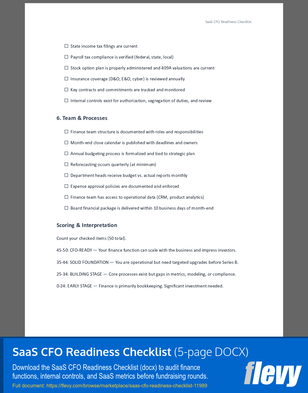 SaaS CFO Readiness Checklist (5-page Word document) Preview Image