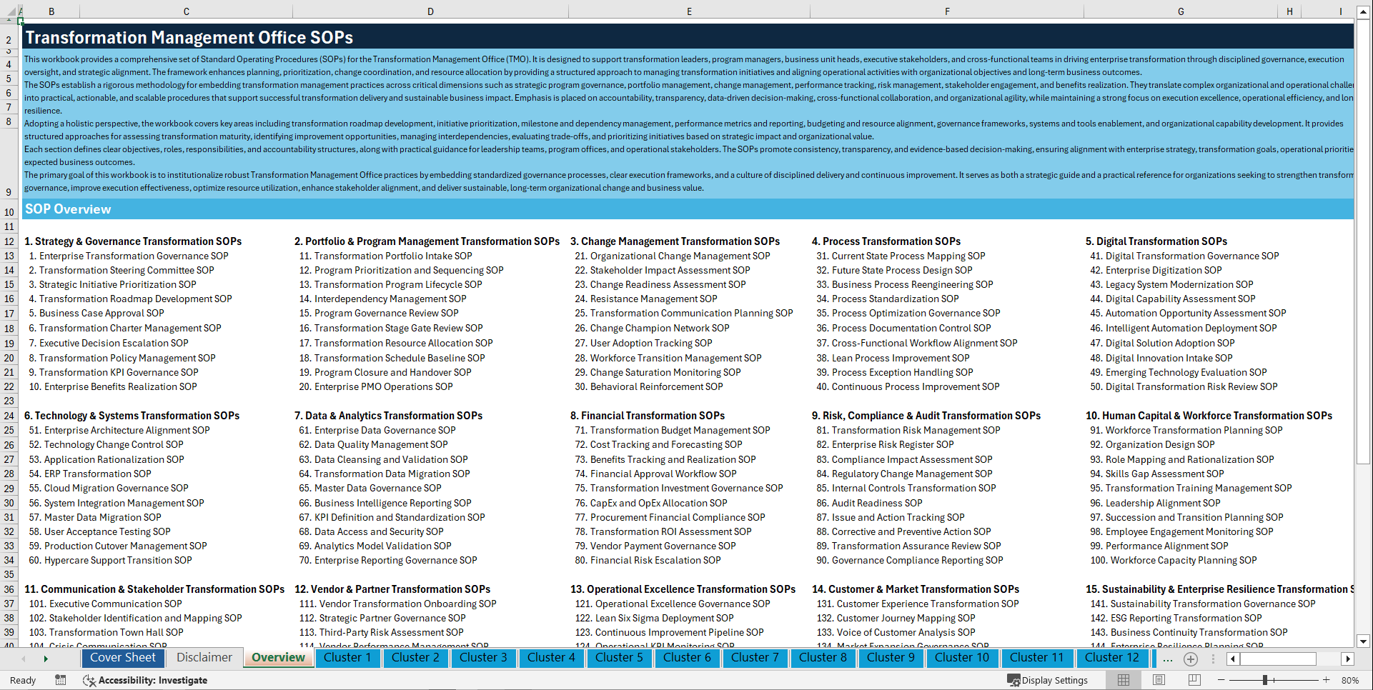 100+ Transformation Management Office (TMO) SOPs (Excel template (XLSX)) Preview Image