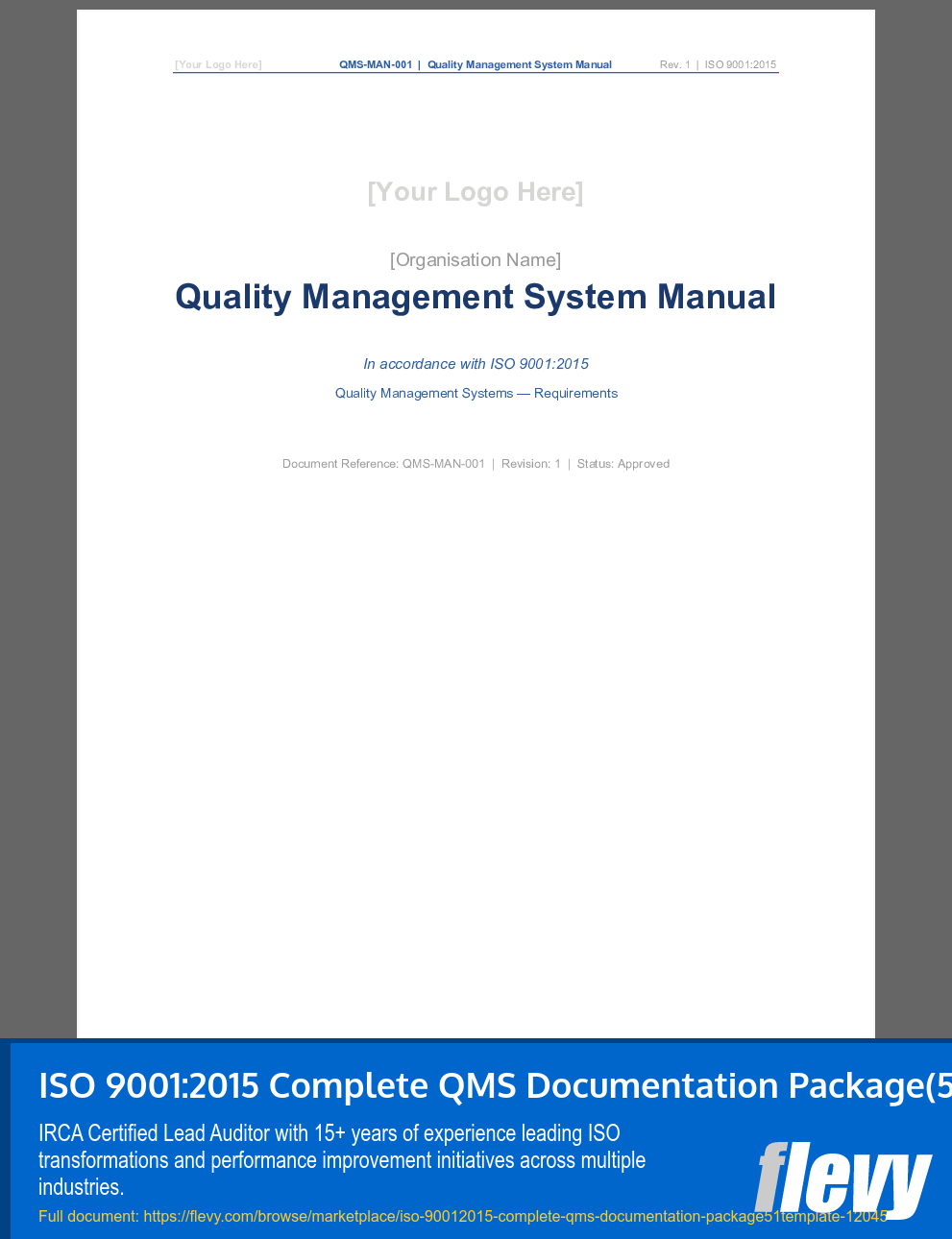 ISO 9001:2015 Complete QMS Documentation Package (51 Templates) (33-page Word document) Preview Image