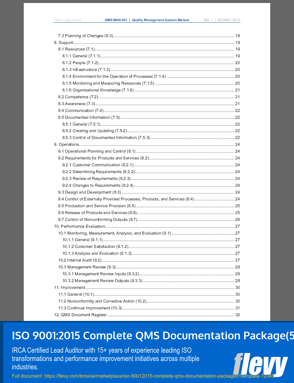 ISO 9001:2015 Complete QMS Documentation Package (51 Templates) (33-page Word document) Preview Image