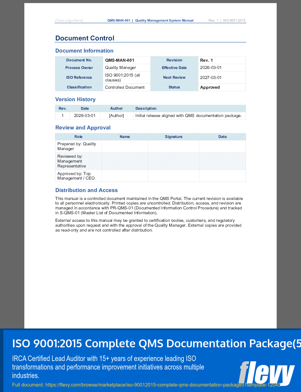 ISO 9001:2015 Complete QMS Documentation Package (51 Templates) (33-page Word document) Preview Image