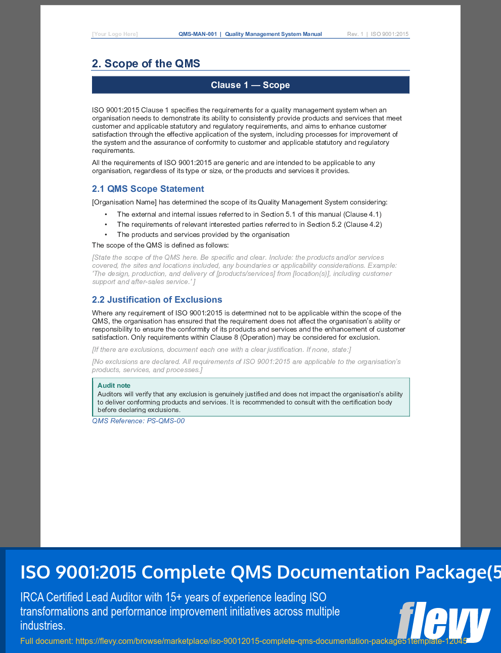 ISO 9001:2015 Complete QMS Documentation Package (51 Templates) (33-page Word document) Preview Image