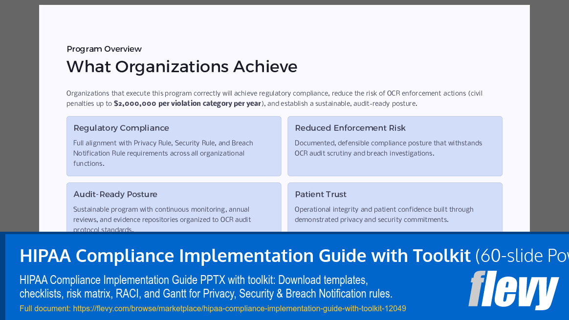HIPAA Compliance Implementation Guide with Toolkit (60-slide PPT PowerPoint presentation template (PPTX)) Preview Image