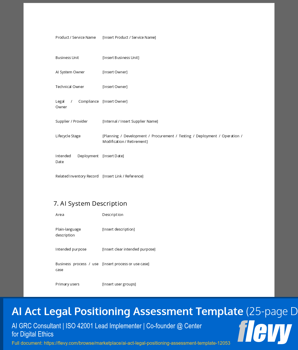 AI Act Legal Positioning Assessment Template (25-page Word document) Preview Image
