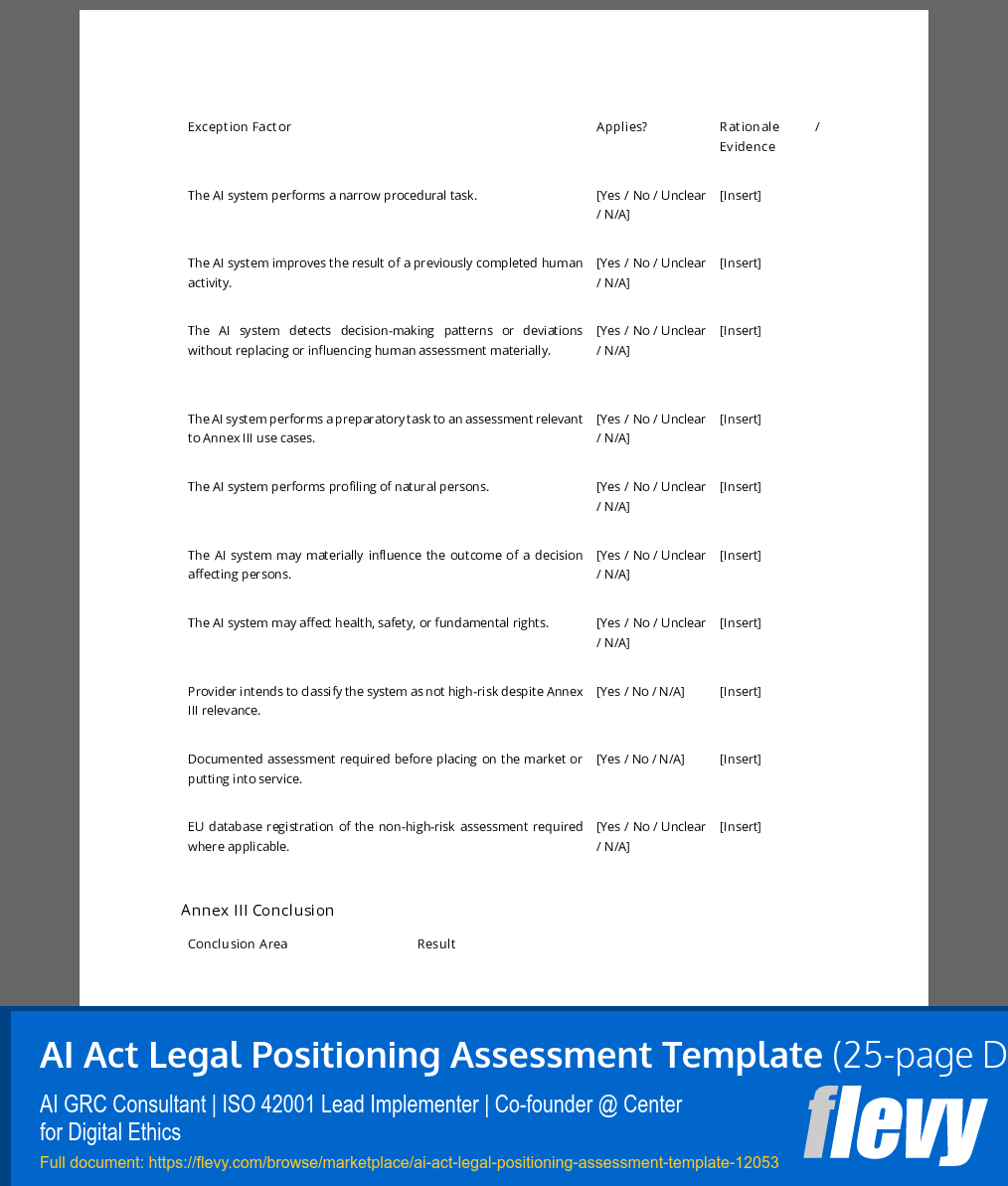 AI Act Legal Positioning Assessment Template (25-page Word document) Preview Image