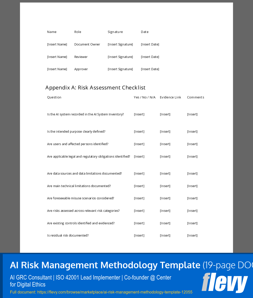 AI Risk Management Methodology Template (19-page Word document) Preview Image