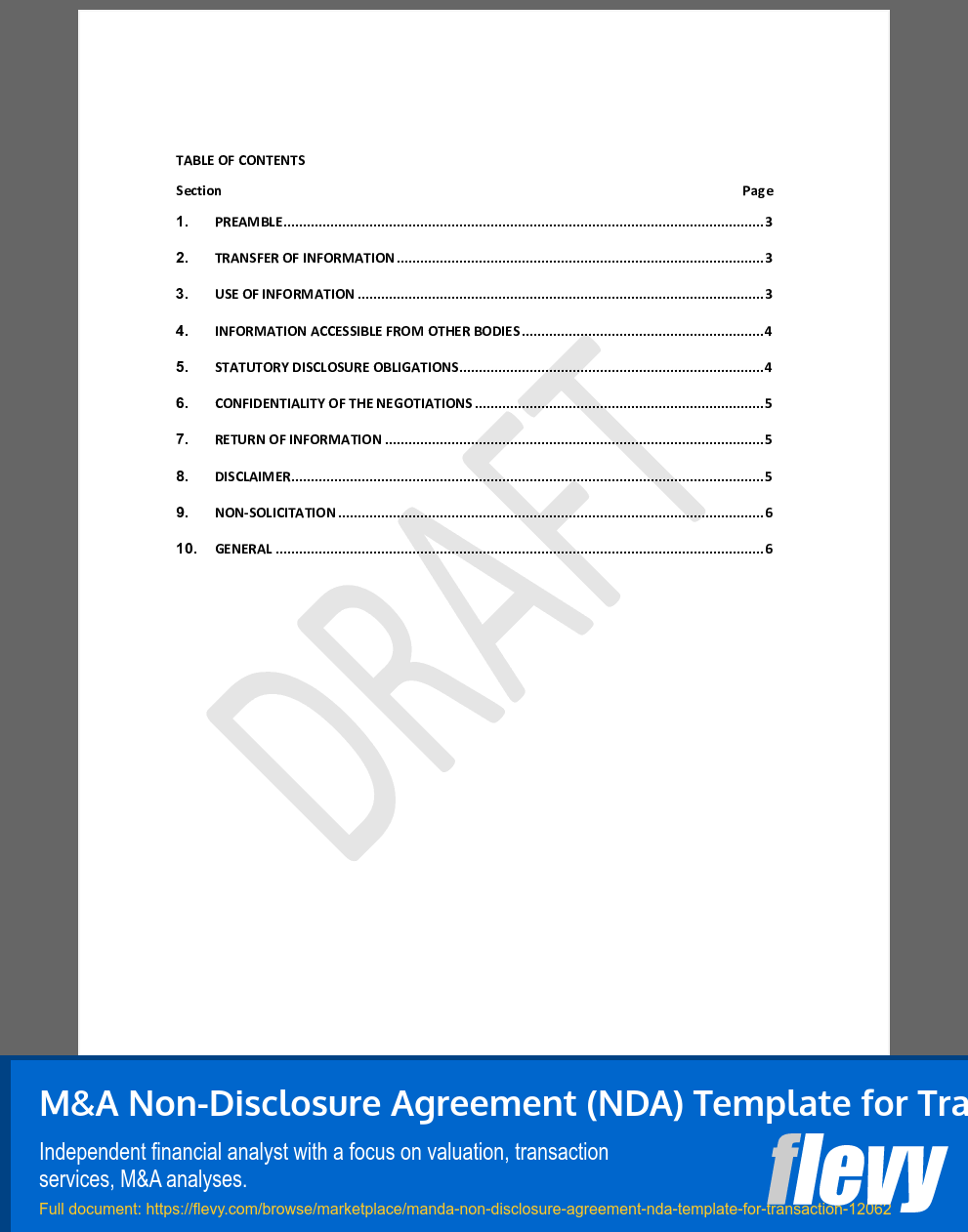 M&A Non-Disclosure Agreement (NDA) Template for Transaction (7-page Word document) Preview Image