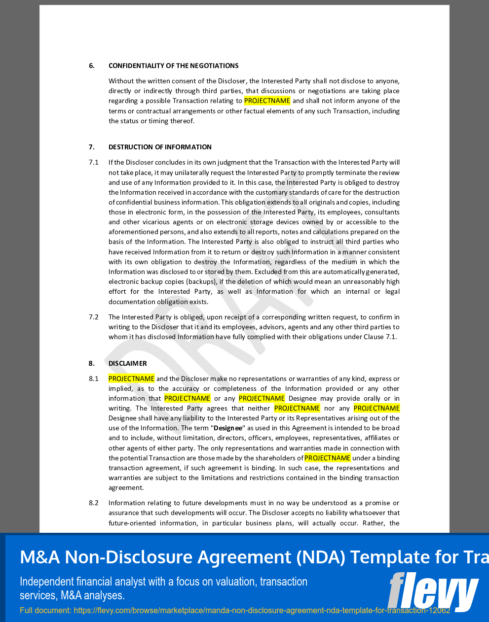 M&A Non-Disclosure Agreement (NDA) Template for Transaction (7-page Word document) Preview Image