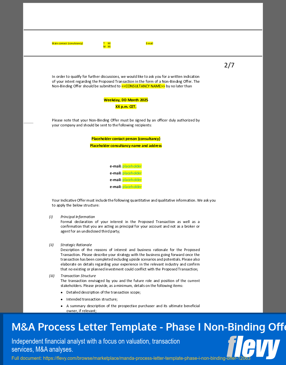 M&A Process Letter Template - Phase I Non-Binding Offer (7-page Word document) Preview Image