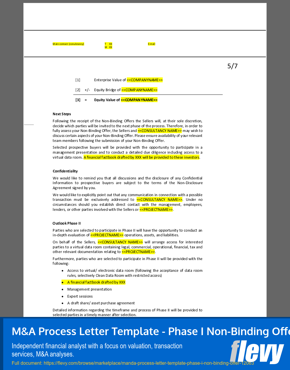 M&A Process Letter Template - Phase I Non-Binding Offer (7-page Word document) Preview Image