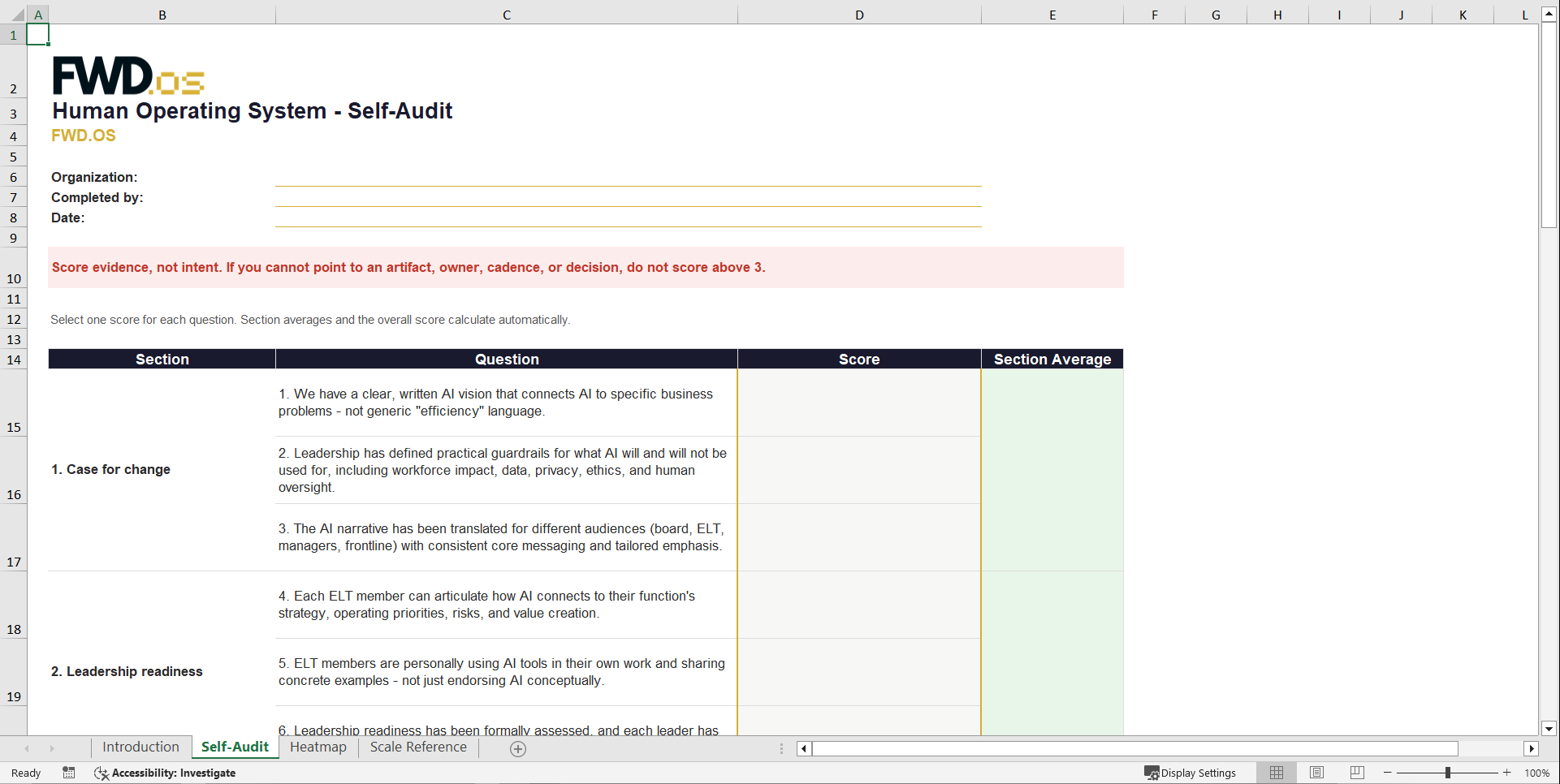 AI Human Operating System Self-Audit (People + AI) (Excel template (XLSX)) Preview Image