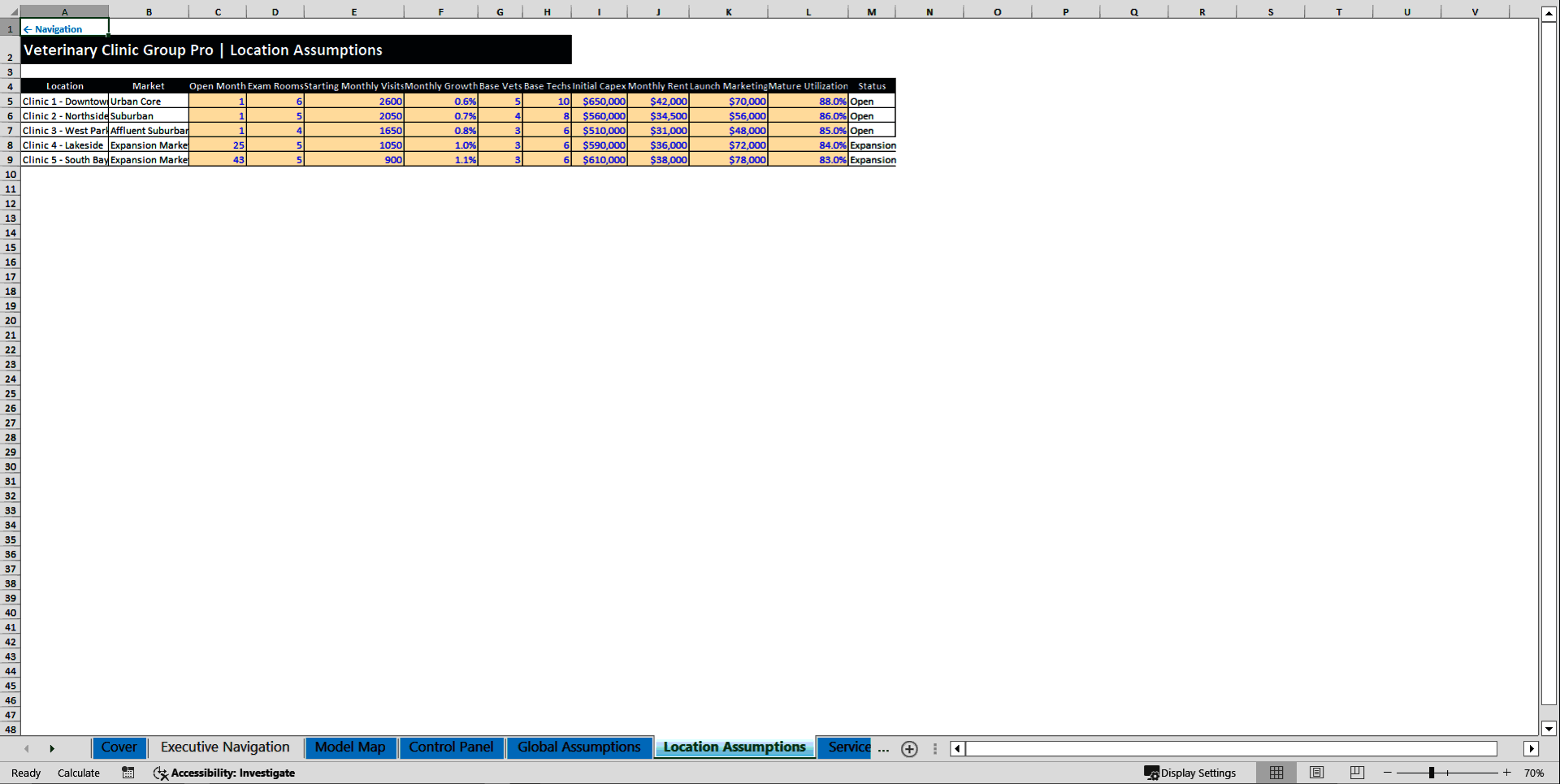 Veterinary Clinic Financial Model – 5-Year Multi-Location (Excel template (XLSX)) Preview Image