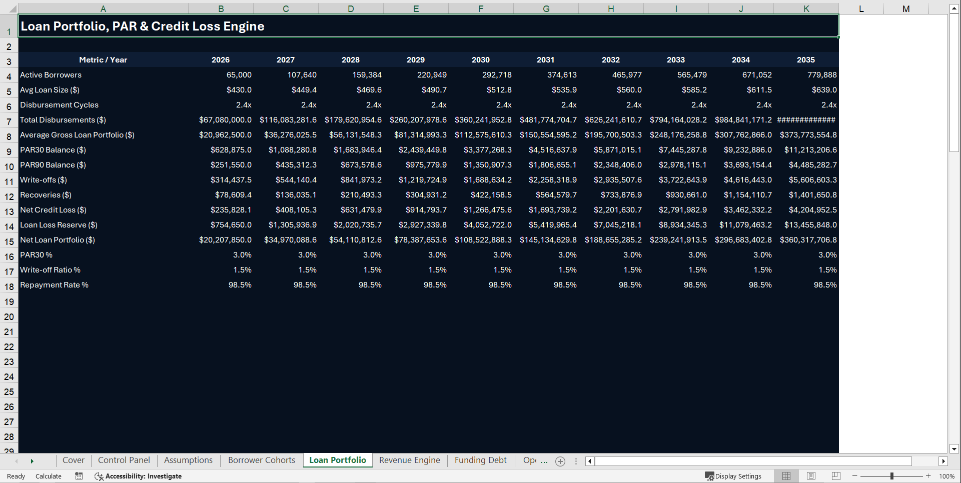 Microfinance Platform Financial Model – 10 Year (Excel template (XLSX)) Preview Image