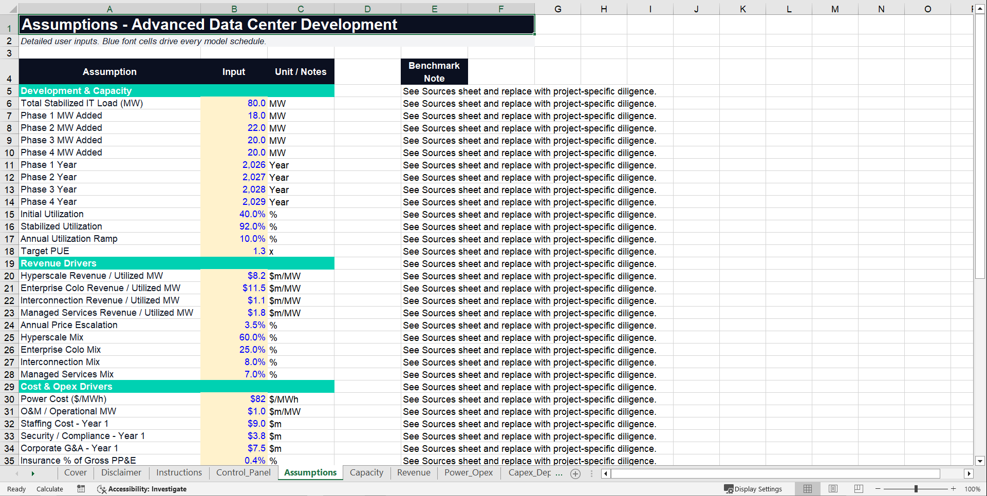 Data Center Development Financial Model (Excel template (XLSX)) Preview Image
