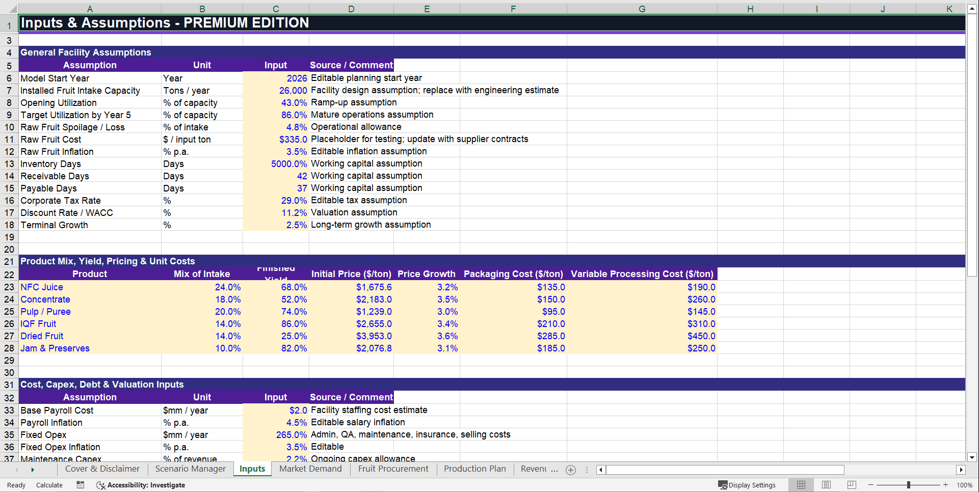 Fruit Processing Facility Financial Model (Excel template (XLSX)) Preview Image