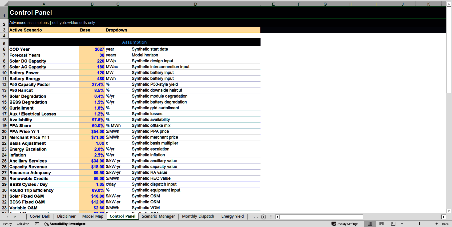 Solar + BESS Financial Model - 30 Years (Excel template (XLSX)) Preview Image