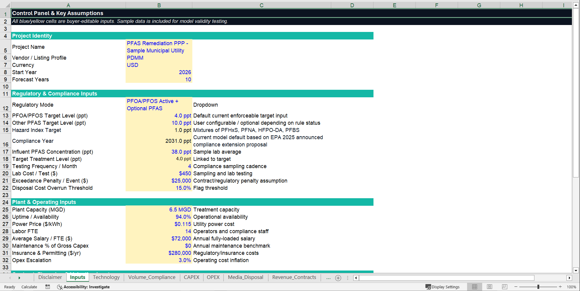 PFAS Water Treatment & Remediation Financial Model (Excel template (XLSX)) Preview Image