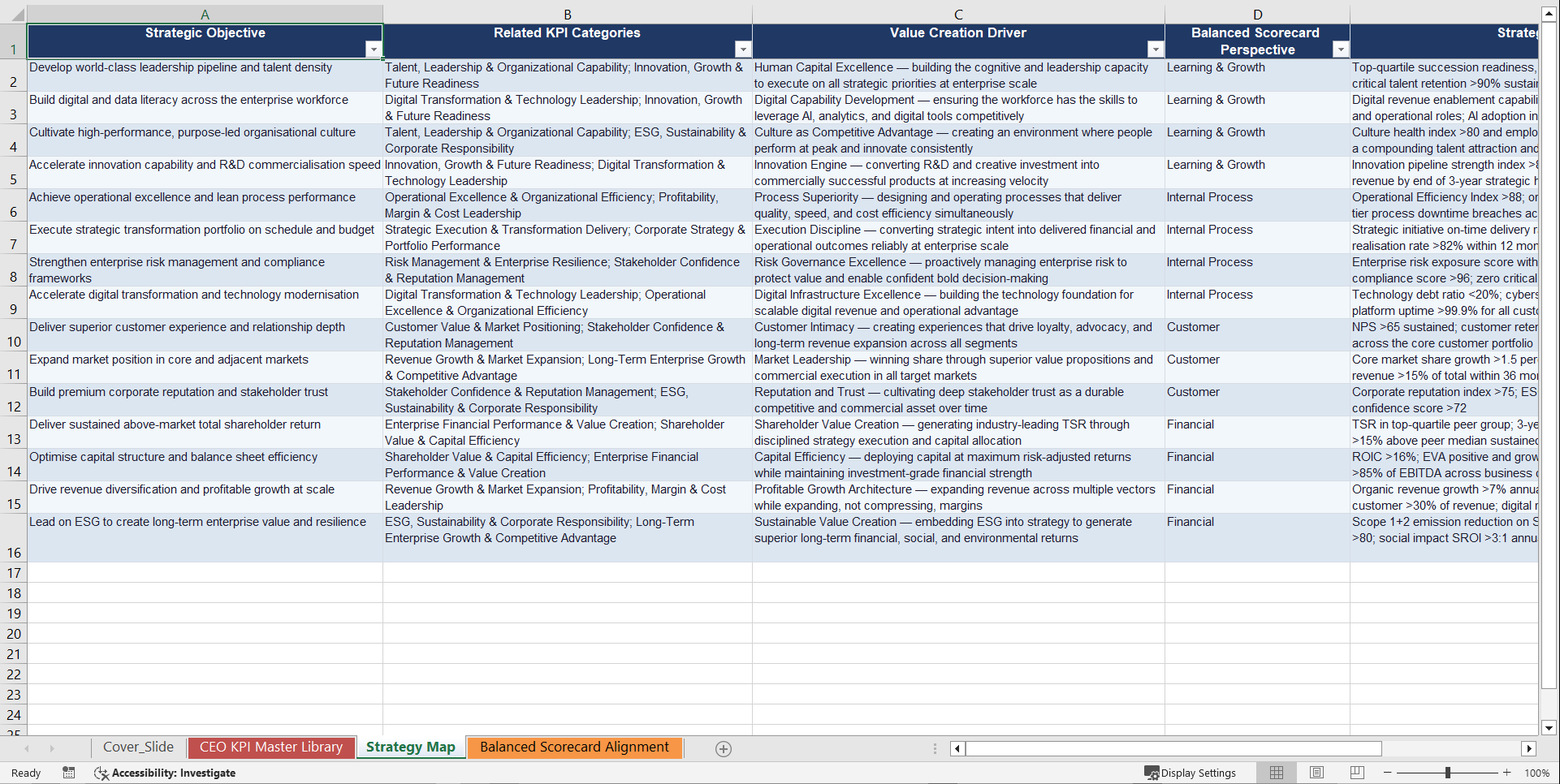 Chief Executive Officer (CEO) KPIs & Benchmarks (Excel template (XLSX)) Preview Image