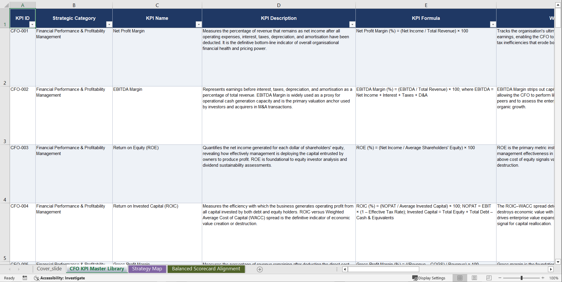 Chief Financial Officer (CFO) KPIs &  Benchmarks (Excel template (XLSX)) Preview Image