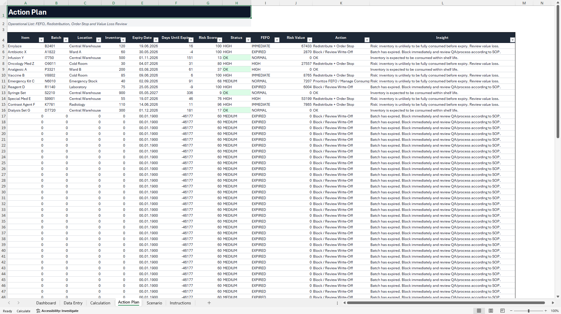 Pharmaceutical Batch Expiry & FEFO Inventory Tracker (Excel template (XLSX)) Preview Image