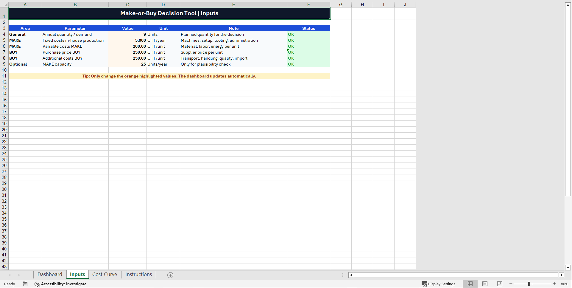 Make or Buy Decision Tool & Break-Even Analyzer (Excel template (XLSX)) Preview Image