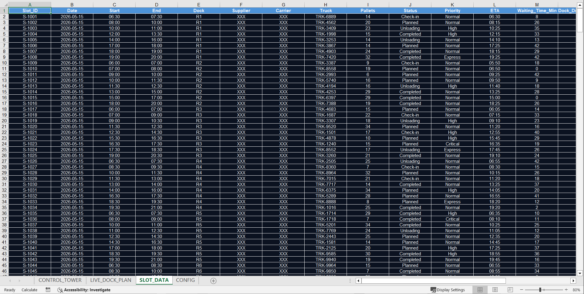 Inbound Warehouse Slot Planning & Live Dock Control Tower (Excel template (XLSX)) Preview Image